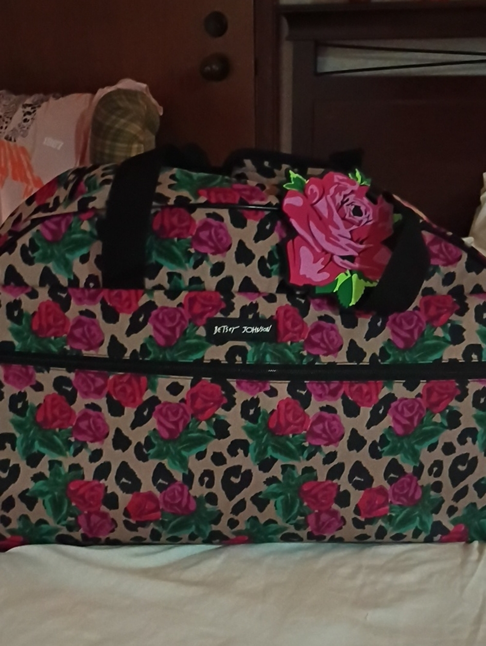 Betsey Johnson Leopard Rose Print Travel Bag in Pink, Green, Black
